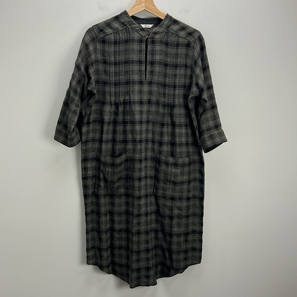 Poetry Plaid Wool Shirt Dress Gray Check Square Pockets Tunic Womens 6 Lagenlook